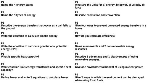AQA Combined Science Paper 1 Physics Revision cards