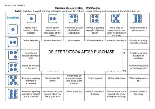 AQA GCSE PE (9-1) REVISION GAMES - Roll it recap - musculoskeletal system 3.1.1.1