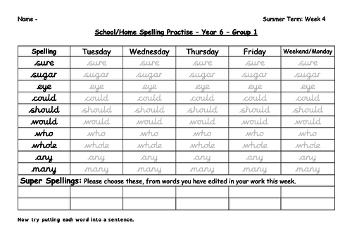 Year 6 Spelling Summer 1 Week 4