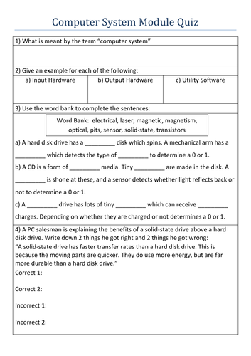 GCSE Computer Science Module Quiz - Computer System Hardware/Software- Linked to Knowledge Organiser