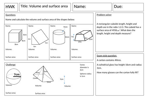 Volume And Surface Area Homework Teaching Resources