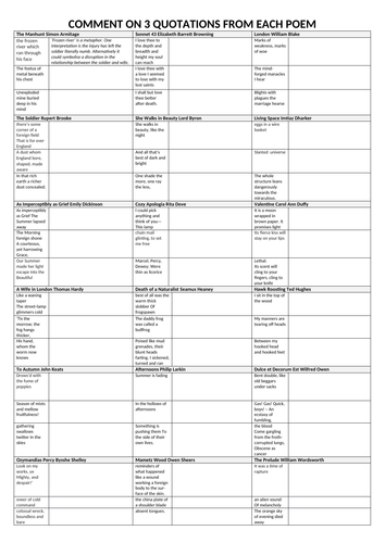 WJEC/EDUQAS POETRY. REVISE 3 QUOTES FROM EACH POEM IN THE GCSE ANTHOLOGY