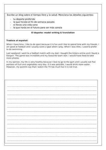 Spanish GCSE sport & health  translation: a longer writing activity