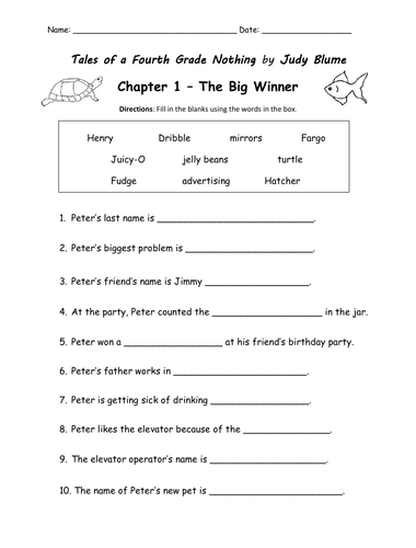 Tales Of A Fourth Grade Nothing Printable Handout Chapter 1 Teaching Resources