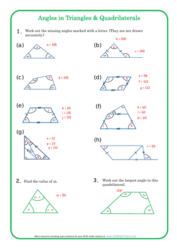 angles in triangles and quadrilaterals homework sheet solutions teaching resources