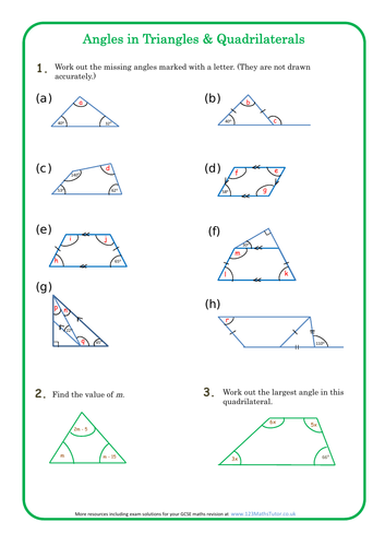 Angles In Triangles And Quadrilaterals Homework Sheet Solutions Teaching Resources 9055