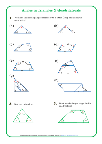 Angles in Triangles and Quadrilaterals homework sheet + solutions