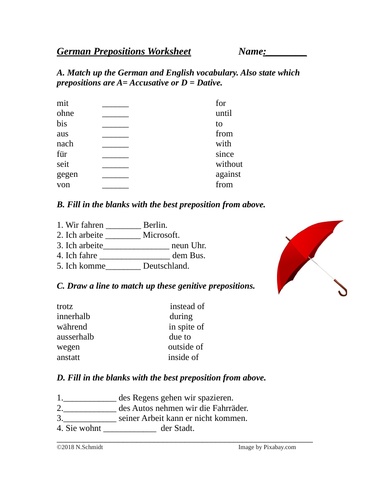German Prepositions Worksheet: Accusative, Dative and Genitive - Präpositionen