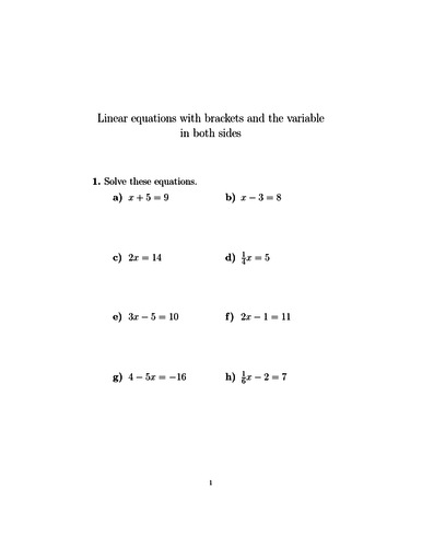 Linear equations with brackets and the variable in both sides worksheet ...