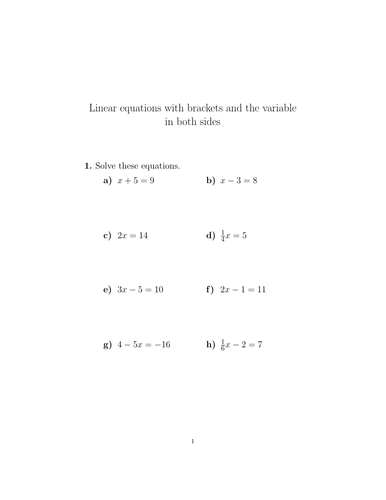 Linear equations with brackets and the variable in both sides worksheet ...