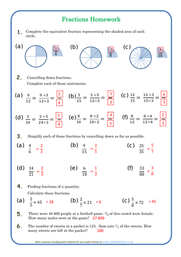 fractions homework year 7