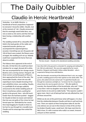 Ks3 Much Ado About Nothing Newspaper Reports Teaching Resources