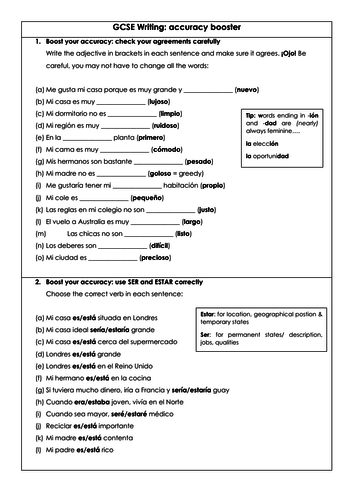 GCSE writing accuracy booster: avoiding errors (adjective agreement, irregular verbs, ser & estar)