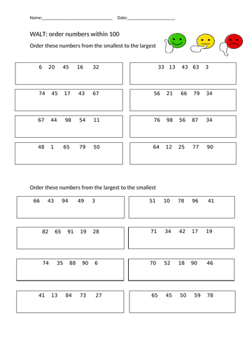 ordering numbers within 100, 100 and with decimals