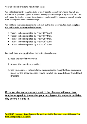 Willy Russell's 'Blood Brothers' paired non-fiction task booklet