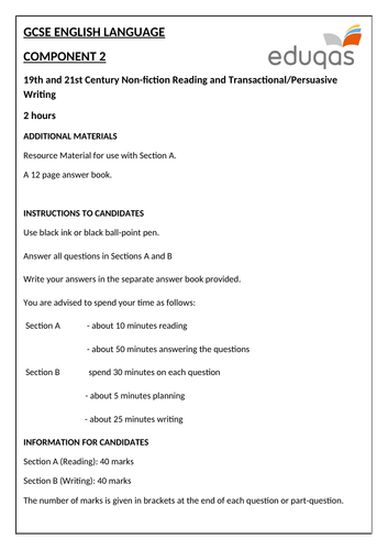 Eduqas GCSE English Language - Component 2 - Practice Examination Paper (Reading and Wri