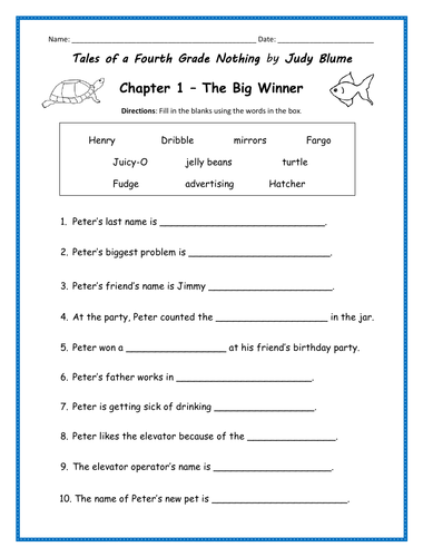 Tales of a Fourth Grade Nothing by Judy Blume Printable worksheets for
