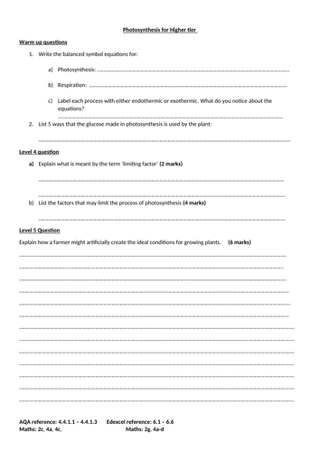 GCSE Biology Photosynthesis revision worksheet | Teaching Resources