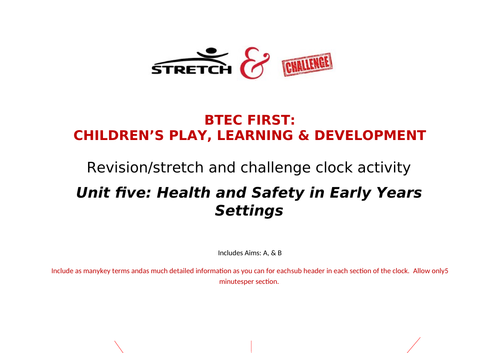 Unit five revision clock activity: Health & Safety in Early Years Settings: Btec First CPLD