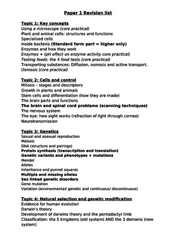 Edexcel biology paper 1 and paper 2 revision lists (foundation and ...