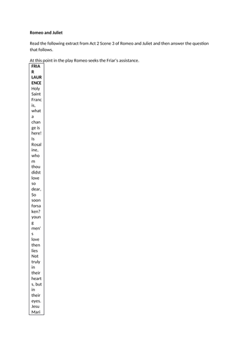 Romeo and Juliet GCSE new specification sample assessment 8 act 2 scene 3