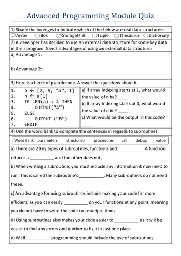 GCSE Computer Science Module Quiz - Advanced Programming - Linked to Knowledge Organiser