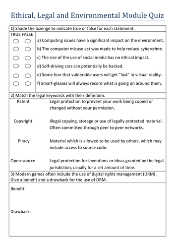 GCSE Computer Science Module Quiz - Ethical, Legal and Environmental - Linked to Knowledge Organiser