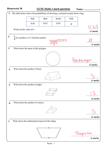 10 GCSE Maths Foundation Homework Revision (9-1) Part 3 -Includes all