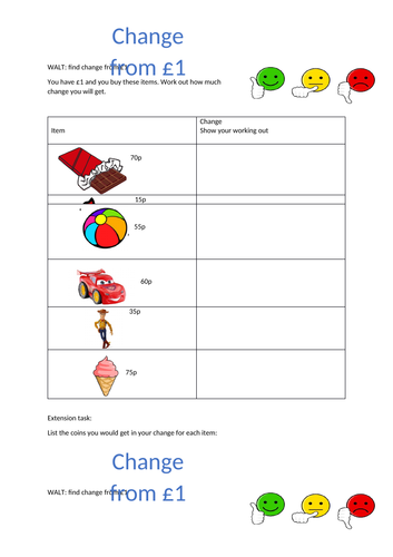 Differentiated worksheets Change from £1