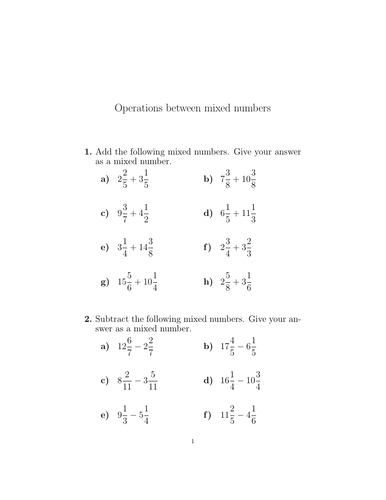 Operations between mixed numbers worksheet (with solutions) | Teaching ...