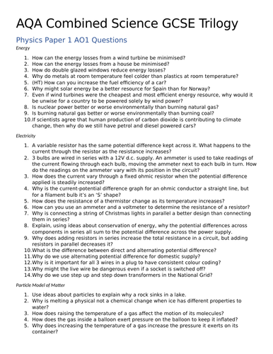 AQA GCSE Combined Science: Trilogy - Physics Papers 1 & 2 AO2 Questions