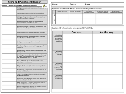 AQA GCSE 9-1 Religion, Crime and Punishment Revision Sheet