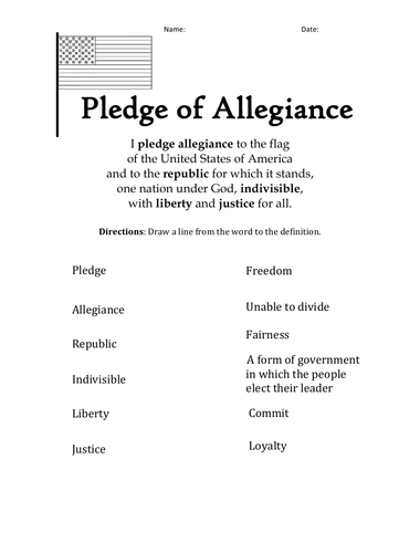 Vocabulary - Pledge of Allegiance - Printable Handout | Teaching Resources