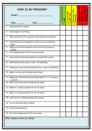 Assessing Reading - Pupil Self-Assessment - Tracking progress sheet