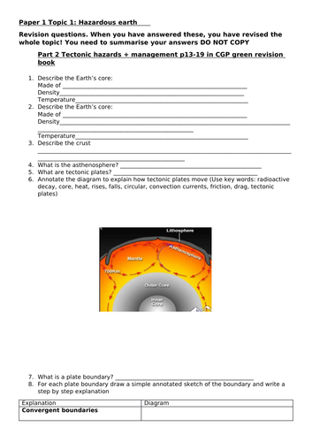Edexcel B GCSE Geography 9-1 Topic 1 Hazardous Earth revision questions ...