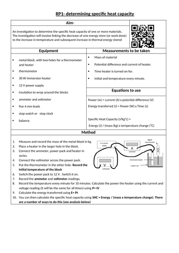 GCSE AQA 9-1 physics required practical student sheet- RP1 specific heat capacity