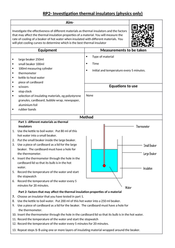 GCSE AQA 9-1 required practical student sheets- RP2 Thermal Insulation