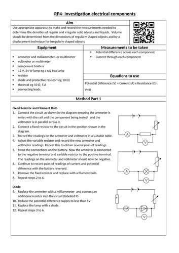 GCSE AQA 9-1 Required Practical Student Sheets- RP4 IV characteristics