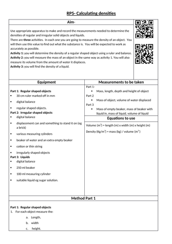 GCSE AQA 9-1 Required Practical Student Sheet- RP5-density