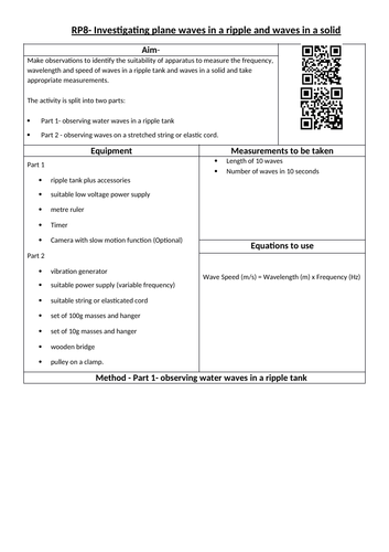 GCSE AQA Required Practical Student Sheet- RP8 Wave characteristics