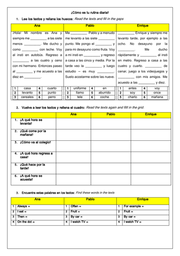 Spanish KS3 GCSE Daily Routine: Mi rutina diaria reading, vocabulary & translation