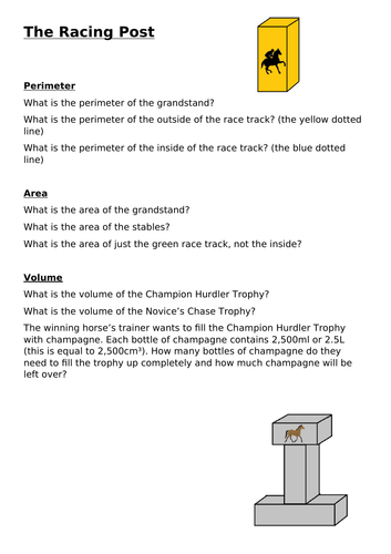 Horse racing- themed challenge on perimeter, area and volume (Upper KS2 / Lower KS3)