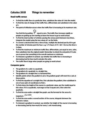 AQA Use of Maths (pilot) 2018 Calculus Data Sheet Things to Learn