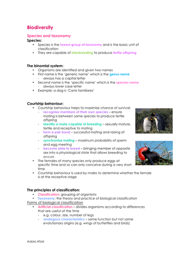 AQA A Level SPECIES AND TAXONOMY Biology notes for NEW 7402 SPEC ...