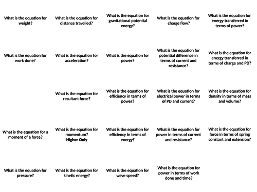 AQA GCSE Physics Equation Revision Cards