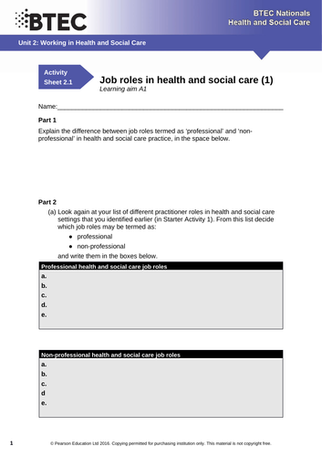 BTEC Level 3 Health and Social Care Unit 2 Working in HSC revision ...