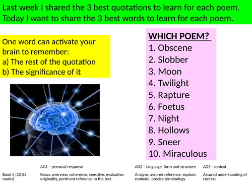 WJEC/EDUQAS POETRY. REVISE 3 KEY WORDS FOR EACH GCSE POEM