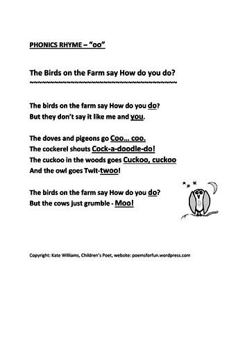 3 Fun Phonics Rhymes ( for oo, ee, u), EYFS/KS1