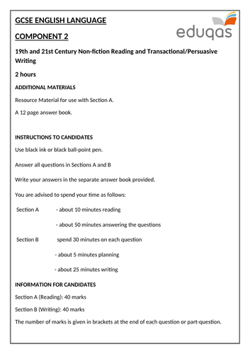 Eduqas GCSE English Language - Component 2 - Practice Examination Paper (Reading and Writing - Non-F