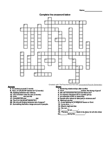 Peace and Conflict Crossword AQA Teaching Resources